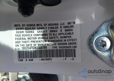 2019 Honda Insight Touring from USA, damaged, VIN 19XZE4F93KE008769